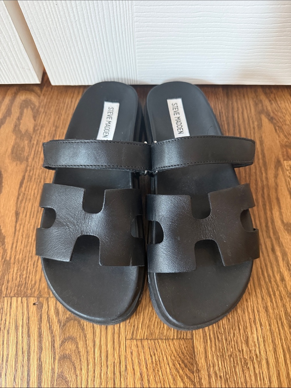 Steve Madden Black Leather Double-Strap Slide Sandals